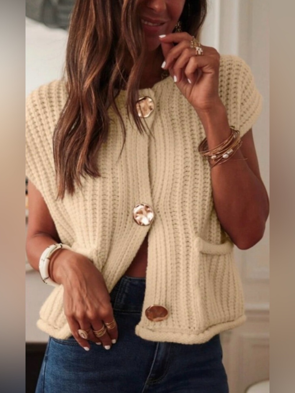 Cream Knit Button-Front Women's Sweater Vest